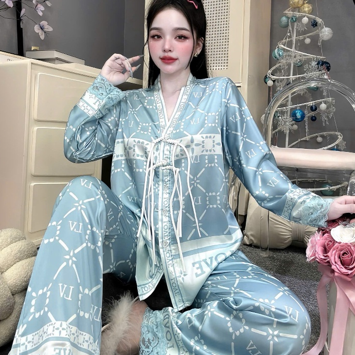 Đồ ngủ dễ thương,đồ bộ nữ đồ mặc nhà,set đồ nữ cổ Y nút thắt lụa mềm mịn mát dài tay hottrend [310]