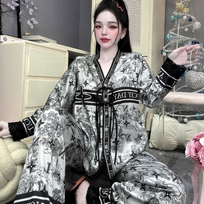 Đồ ngủ dễ thương,đồ bộ nữ đồ mặc nhà,set đồ nữ cổ Y nút thắt lụa mềm mịn mát dài tay hottrend [310]