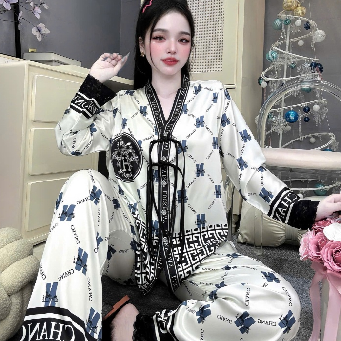 Đồ ngủ dễ thương,đồ bộ nữ đồ mặc nhà,set đồ nữ cổ Y nút thắt lụa mềm mịn mát dài tay hottrend [310]