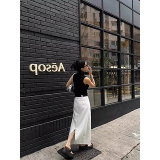 Chân váy dài Jean Bò Avo Avocado lưng cao dáng chữ A  xẻ tà độc đáo Cạp cao Ulzzang
