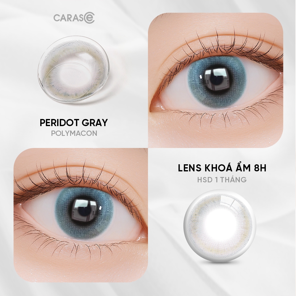 [1 chiếc] Kính áp tròng khoá ẩm 8H 1 Tháng Màu Xám Dịu Pha Ánh Xanh Lục Bảo CARASE, Lens cận PERIDOT GRAY