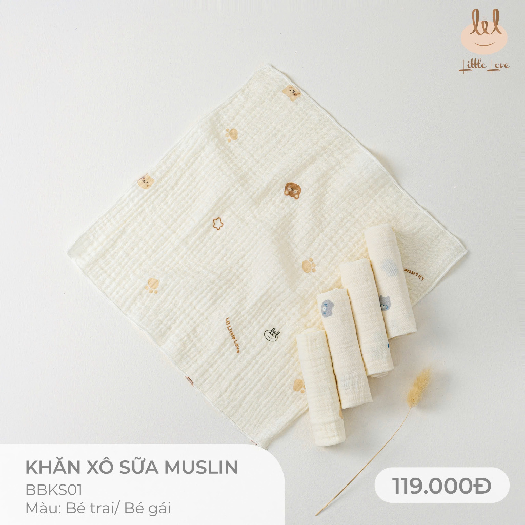 Sét 5 chiếc khăn xô sữa muslin siêu thấm hút [ Mềm, không có rút sợi] dành cho bé Lil little love (BBKS01)