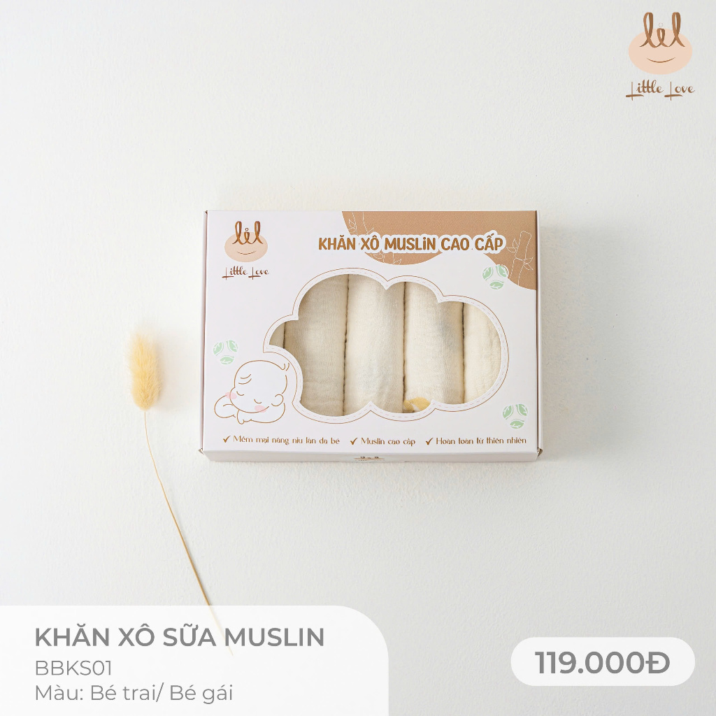 Sét 5 chiếc khăn xô sữa muslin siêu thấm hút [ Mềm, không có rút sợi] dành cho bé Lil little love (BBKS01)