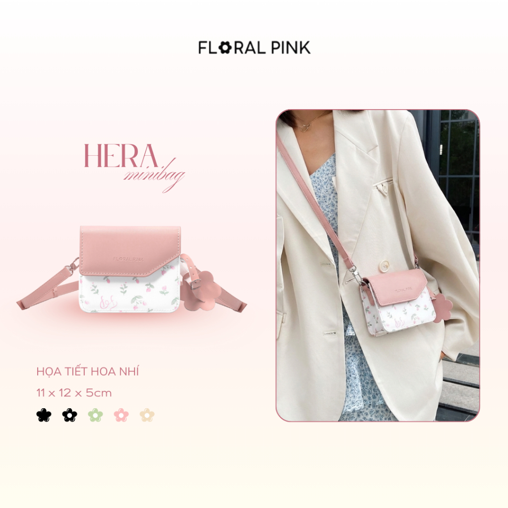 Túi Xách Da PU Mini Hera Đeo Chéo Nam Nữ Đi Chơi Tiệc Hoa Nhí Dễ Thương | FLORAL PINK