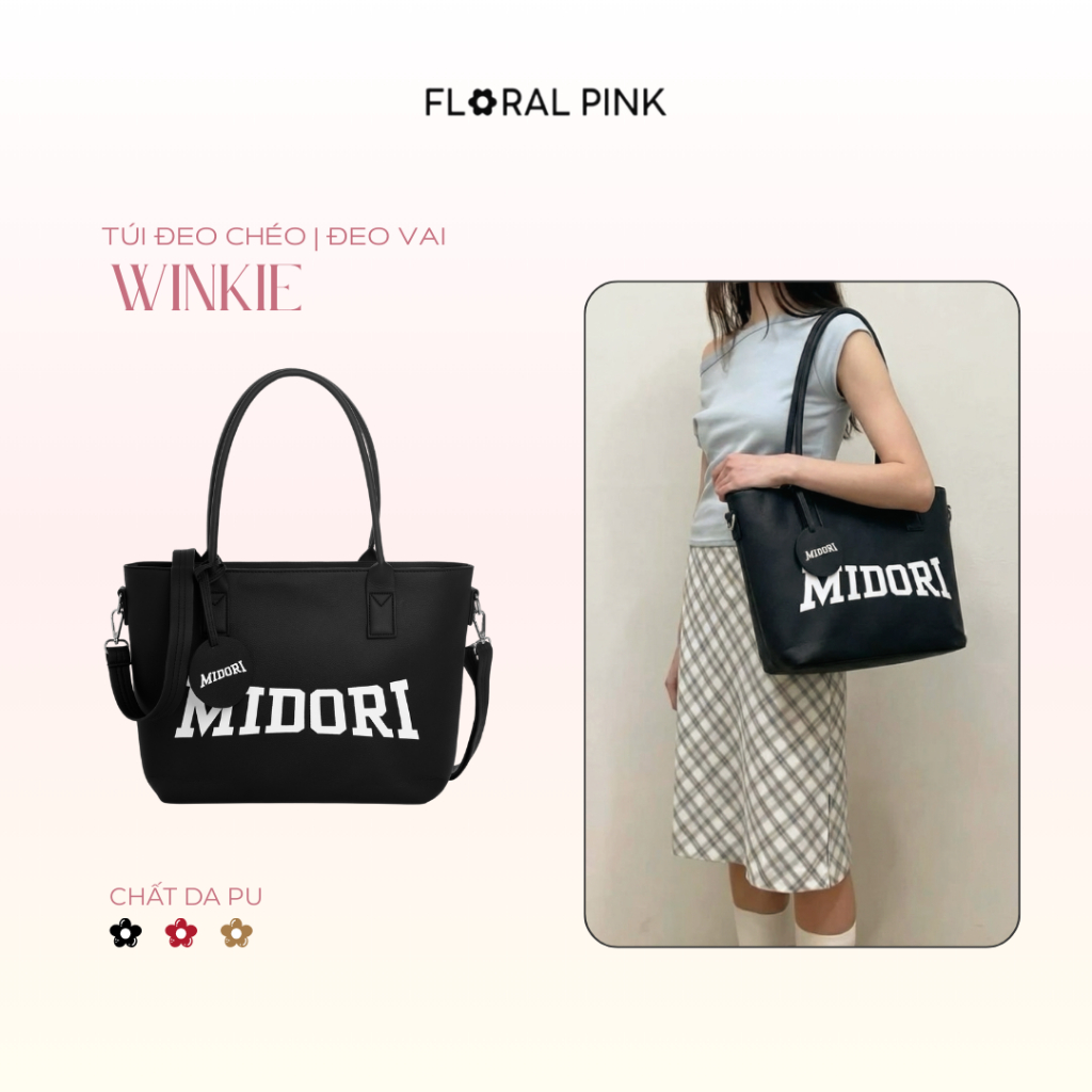 Túi Tote Da PU Winkie Đeo Vai Nam Nữ Có Dây Đeo Chéo Đựng Laptop Đi Học Làm | FLORAL PINK