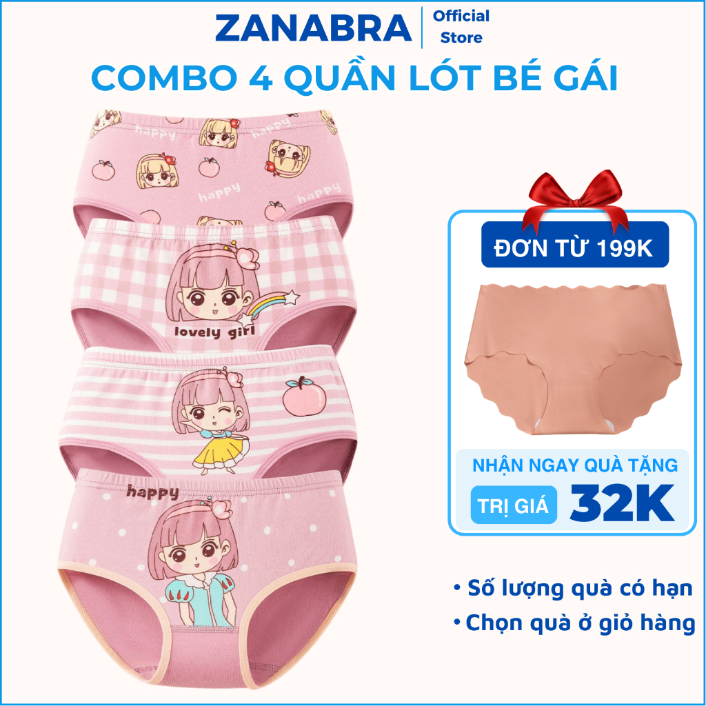 [ Xả Hàng ] Combo 4 Quần Lót Bé Gái Dáng Tam Giác, Quần Chip Trẻ Em Co Giãn, Thoả Mái Vận Động ZANABRA L7002