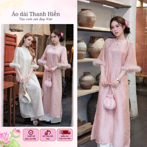 Áo dài tay lỡ viền lông 4 tà tiểu thư (ak33), áo dài Tết cách tân cổ tàu phối cúc nhẹ nhàng Áo dài Thanh Hiền