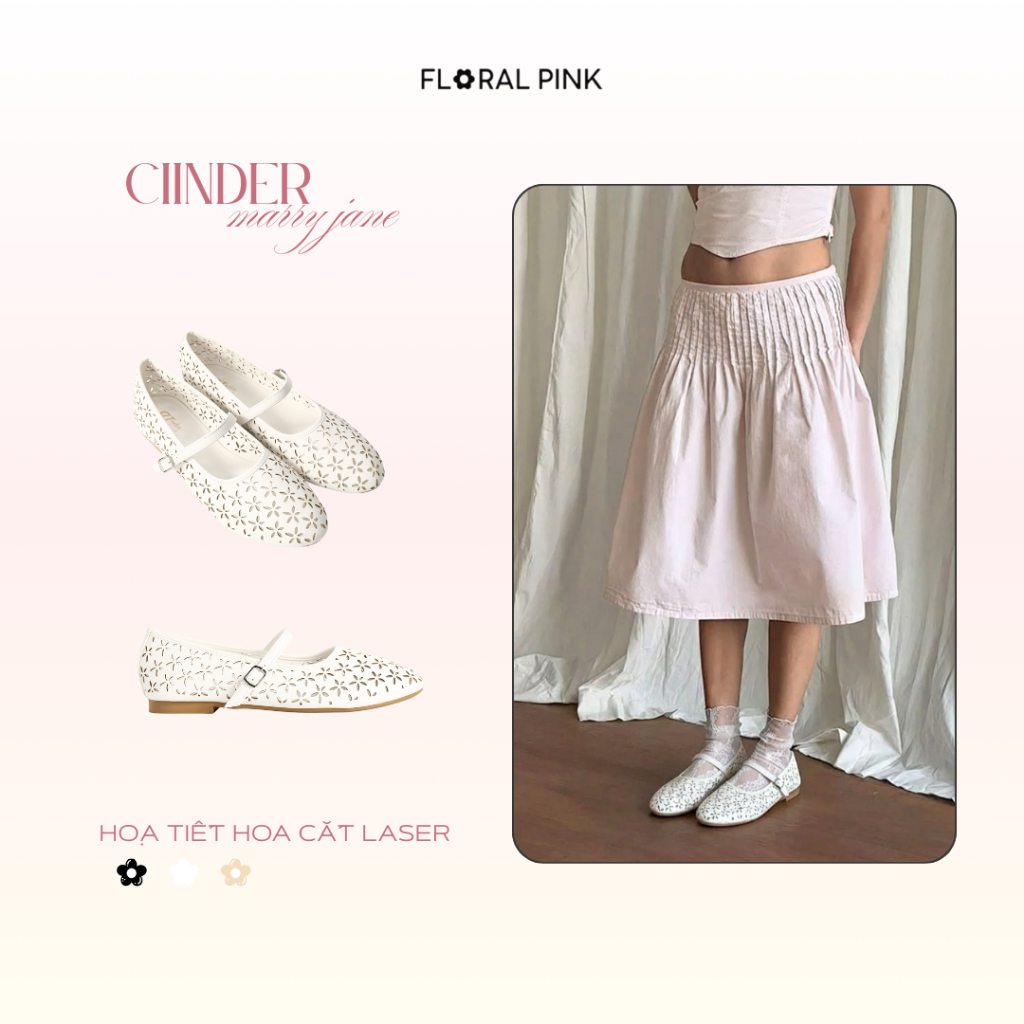 Giày Búp Bê Nữ CINDER Mũi Nhọn Đế Bệt Mary Jane Lưới Quai Ngang Kiểu Dáng Đơn Giản | FLORAL PINK