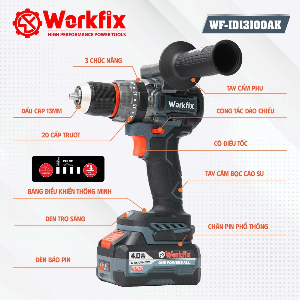 Máy Khoan RÚT LÕI Workfix WF-ID13100AK Lực 100N Chuyên Rút Lõi, Khoan Tường, Bắn Vít Máy khoan dùng pin