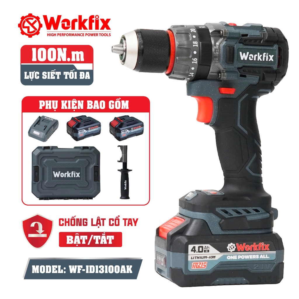 Máy Khoan RÚT LÕI Workfix WF-ID13100AK Lực 100N Chuyên Rút Lõi, Khoan Tường, Bắn Vít Máy khoan dùng pin