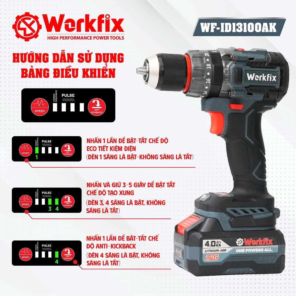 Máy Khoan RÚT LÕI Workfix WF-ID13100AK Lực 100N Chuyên Rút Lõi, Khoan Tường, Bắn Vít Máy khoan dùng pin