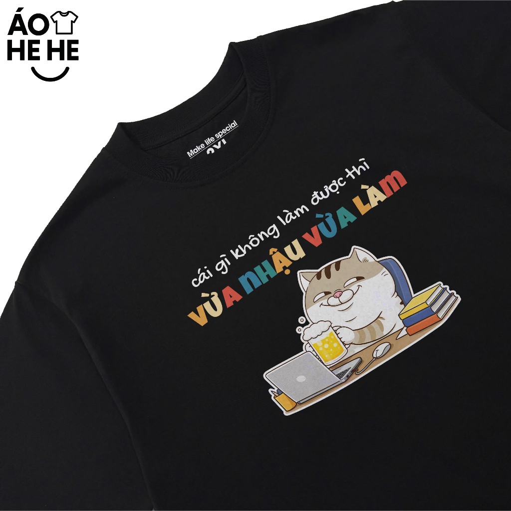 Áo Thun In Chữ Hài Hước Vừa Làm Vừa Nhậu Câu Nói Text Dân Nhậu Form Rộng Cotton 230gsm