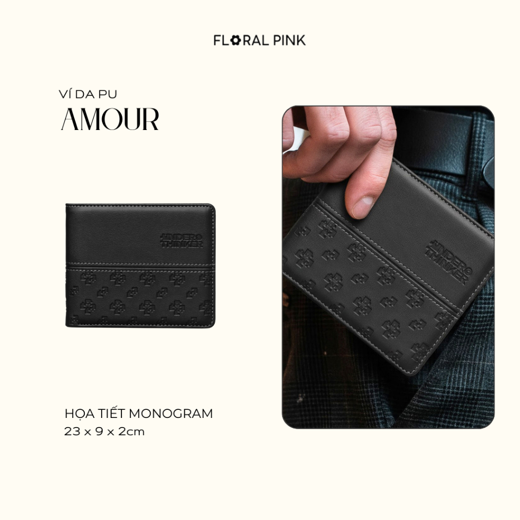 Ví Da PU Ngang Monogram AMOUR Nam Nữ Bóp Đựng Tiền Thẻ Nhiều Ngăn | FLORAL PINK
