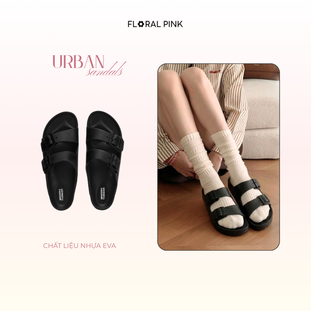 Dép Nhựa EVA URBAN Hai Quai Ngang Nam Nữ Đúc Chống Trượt Có Khoá Cài | FLORAL PINK