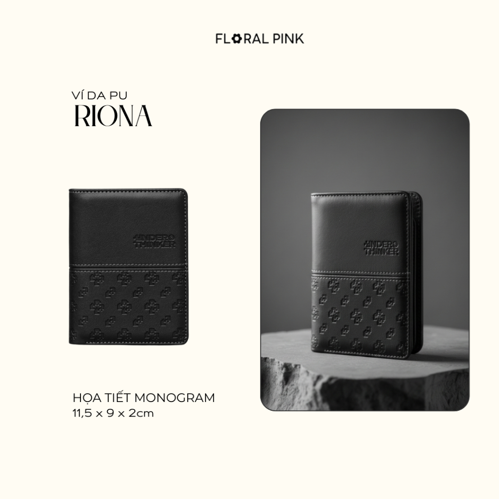 Ví Da PU Đứng Monogram RIONA Nam Nữ Bóp Đựng Tiền Thẻ Nhiều Ngăn | FLORAL PINK