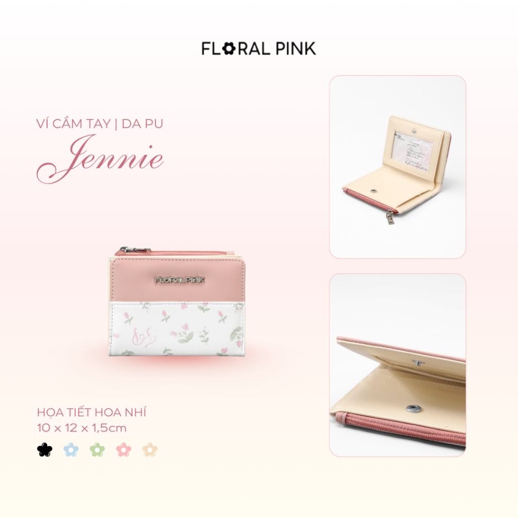 Ví Da PU Ngang Cầm Tay Đựng Thẻ Mini JENNIE Nam Nữ Bóp Đựng Tiền Thẻ Nhiều Ngăn | FLORAL PINK