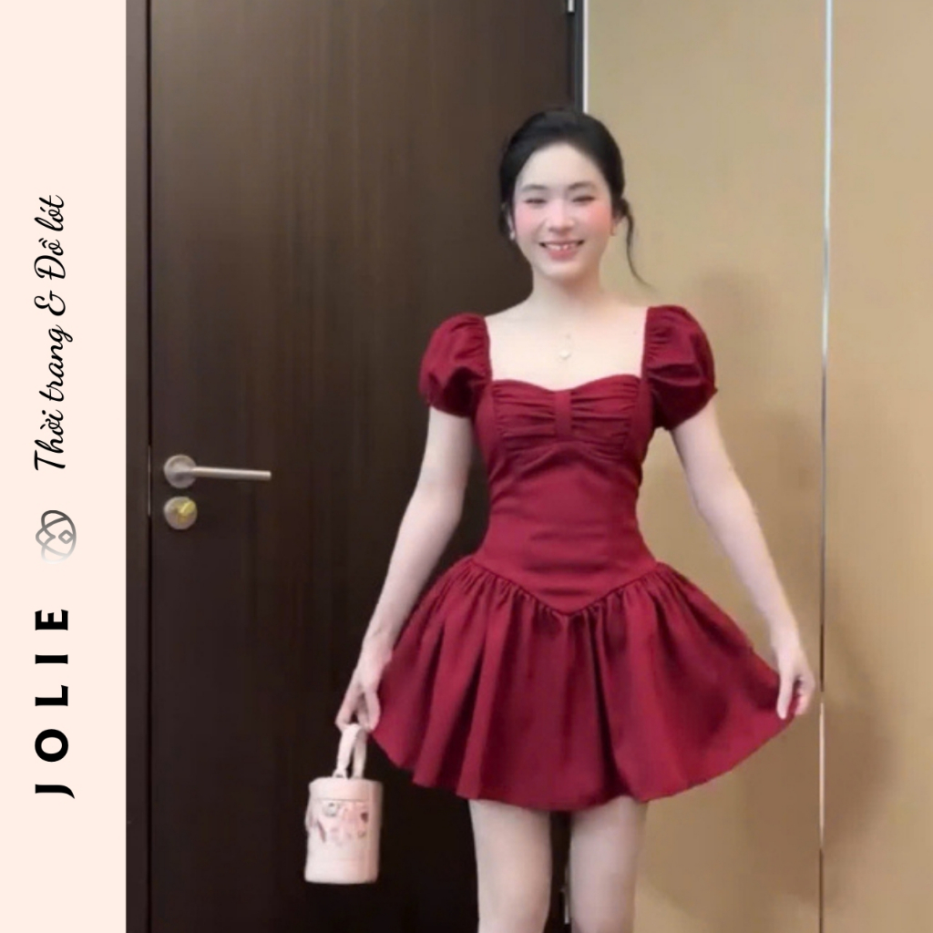 Váy Xòe Jolie Tay Bồng Phối Nơ Ngực - Đầm Dự Tiệc Dáng Ngắn Sang Chảnh Tôn Da Quyến Rũ