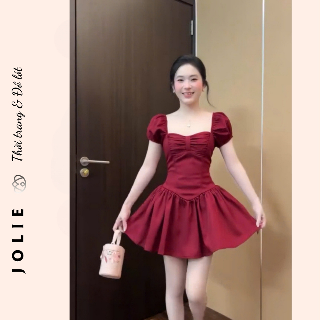 Váy Xòe Jolie Tay Bồng Phối Nơ Ngực - Đầm Dự Tiệc Dáng Ngắn Sang Chảnh Tôn Da Quyến Rũ