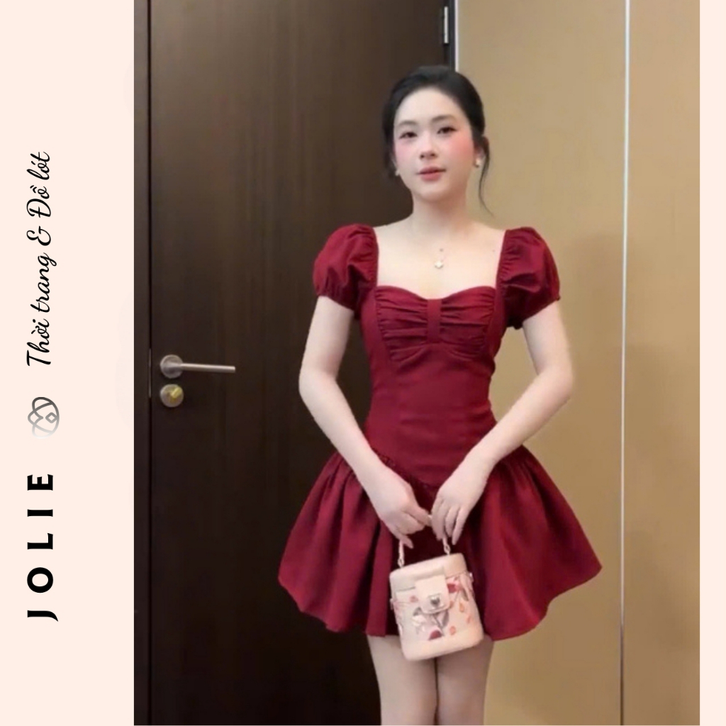 Váy Xòe Jolie Tay Bồng Phối Nơ Ngực - Đầm Dự Tiệc Dáng Ngắn Sang Chảnh Tôn Da Quyến Rũ