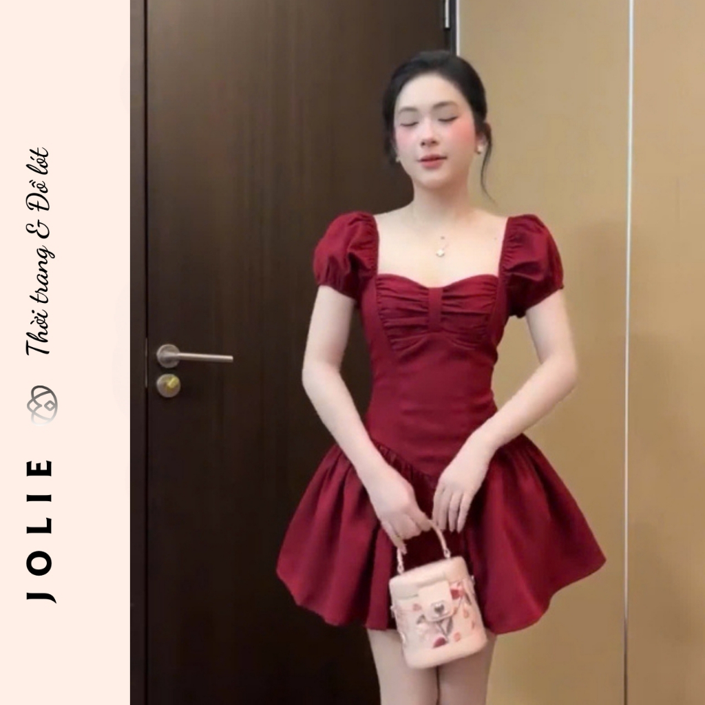 Váy Xòe Jolie Tay Bồng Phối Nơ Ngực - Đầm Dự Tiệc Dáng Ngắn Sang Chảnh Tôn Da Quyến Rũ