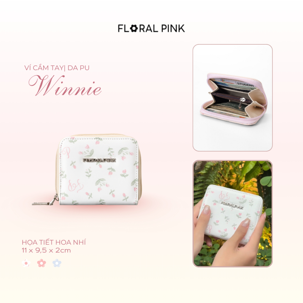 Ví Da PU Ngang Hoa Nhí Winnie Nữ Bóp Đựng Tiền Thẻ Nhiều Ngăn Trượt nước  FLORAL PINK