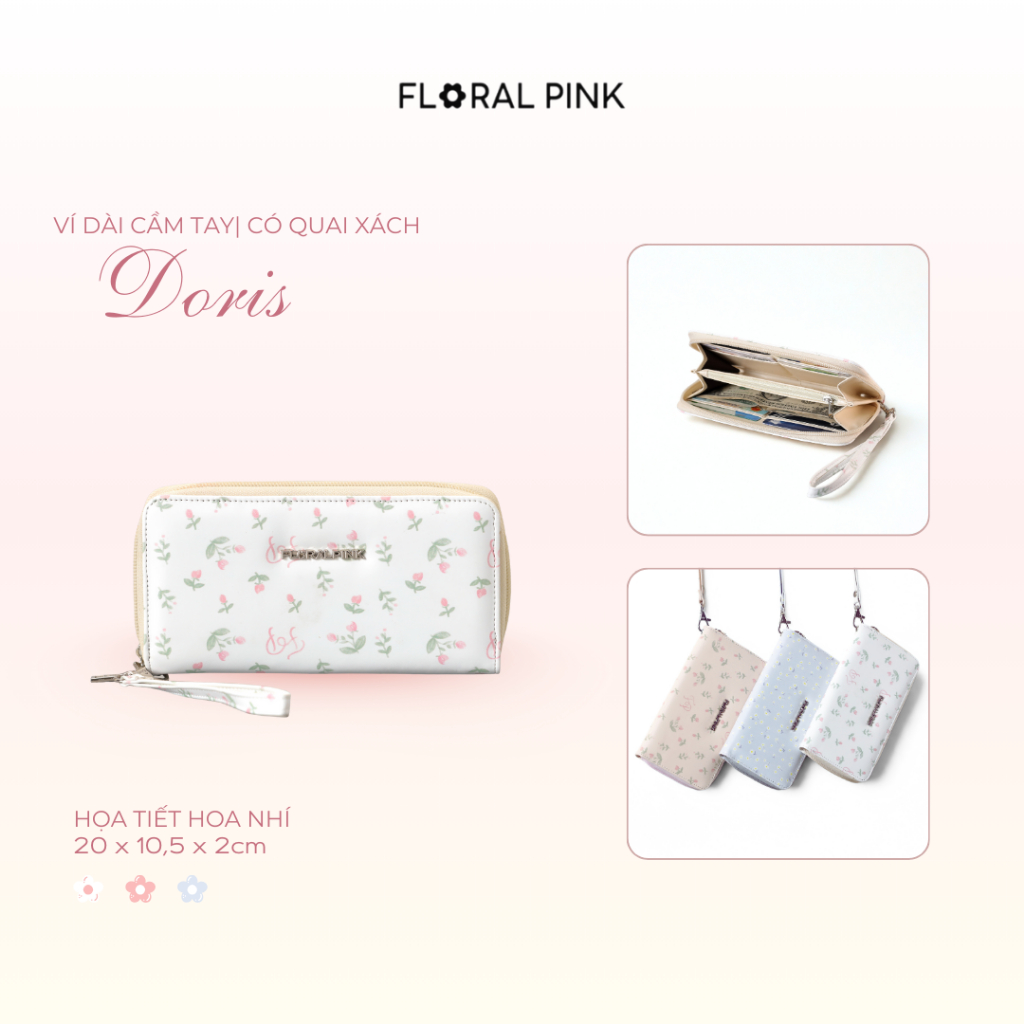 Ví Da PU Cầm Tay DORIS Bóp Quai Xách Đựng Tiền Thẻ Nữ Nhiều Ngăn | FLORAL PINK