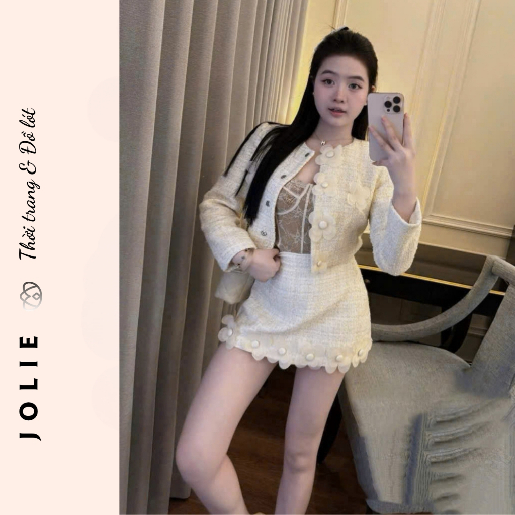 Set Bộ Dạ Tweed JOLIE Đính Hoa Nổi Thủ Công - Áo Khoác Croptop Phối Chân Váy Ngắn Dự Tiệc Sang Chảnh