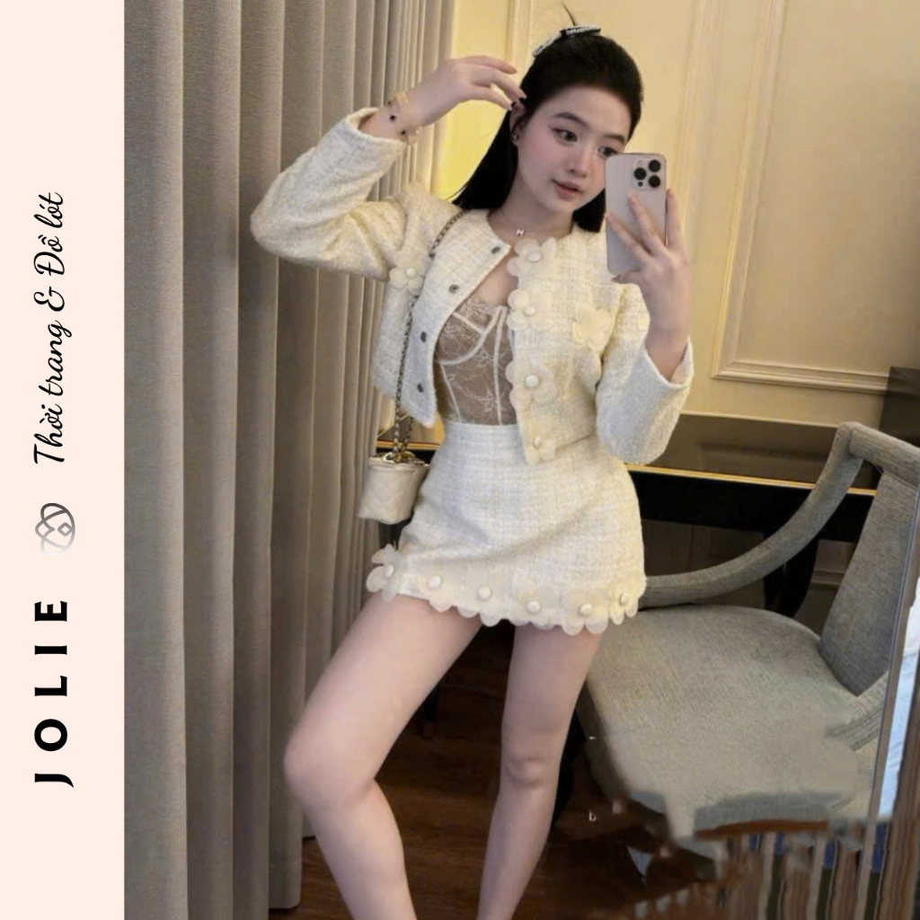 Set Bộ Dạ Tweed JOLIE Đính Hoa Nổi Thủ Công - Áo Khoác Croptop Phối Chân Váy Ngắn Dự Tiệc Sang Chảnh