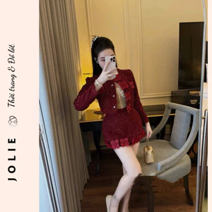 Set Bộ Dạ Tweed JOLIE Đính Hoa Nổi Thủ Công - Áo Khoác Croptop Phối Chân Váy Ngắn Dự Tiệc Sang Chảnh
