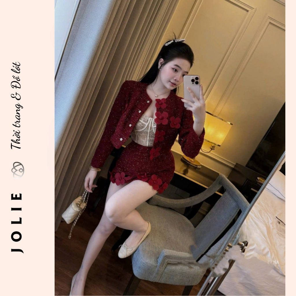 Set Bộ Dạ Tweed JOLIE Đính Hoa Nổi Thủ Công - Áo Khoác Croptop Phối Chân Váy Ngắn Dự Tiệc Sang Chảnh