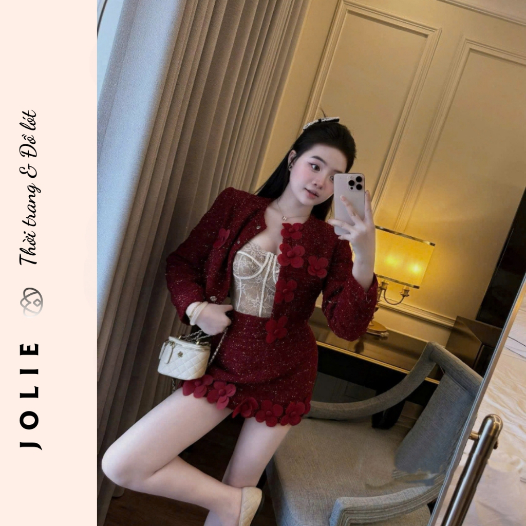 Set Bộ Dạ Tweed JOLIE Đính Hoa Nổi Thủ Công - Áo Khoác Croptop Phối Chân Váy Ngắn Dự Tiệc Sang Chảnh