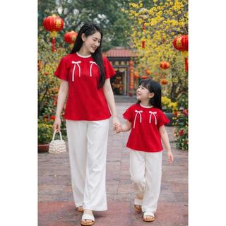 Bộ Bà Ba Gấm Nữ Mẹ và Bé Dáng Chữ A Mặc Tết, Sét  Bộ Bà Ba Nữ Phối Nơ Trẻ Trung Mặc Nhà, Đi Chơi, Lễ Hội BB03 - BEEKIDS