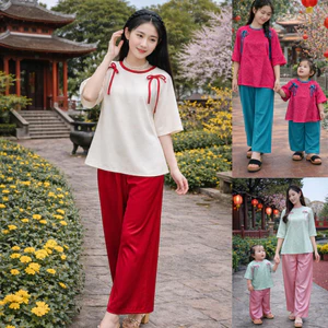 Bộ Bà Ba Gấm Nữ Mẹ và Bé Dáng Chữ A Mặc Tết, Sét Bộ Bà Ba Nữ Phối Nơ Trẻ Trung Mặc Nhà, Đi Chơi, Lễ Hội BB03 - BEEKIDS