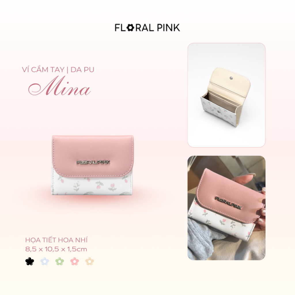 Ví Da PU Cầm Tay Đựng Thẻ Mini Gập Đôi Nam Nữ Mina Bóp Đựng Tiền Hoa Nhí | FLORAL PINK
