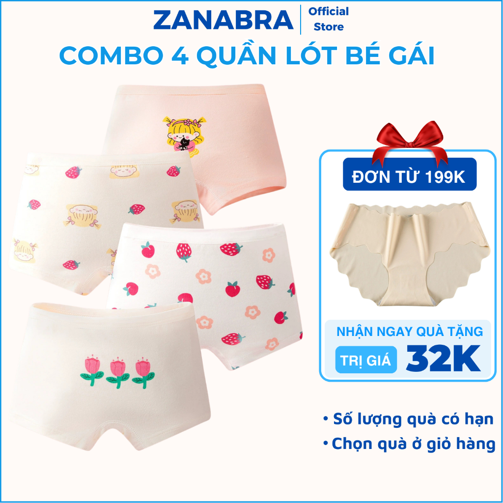 Combo 4 Quần Lót Bé Gái Hoạt Tiết Đáng Yêu, Quần Chip Cotton Đùi Mềm Mịn, Thoáng Mát ZANABRA L8026