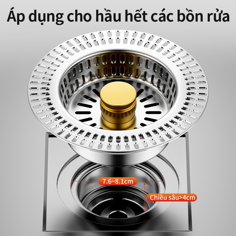 Nút nhấn xả lọc rác bồn rửa chén inox 304 3 trong 1 – giỏ lọc thức ăn thừa, ngăn mùi côn trùng