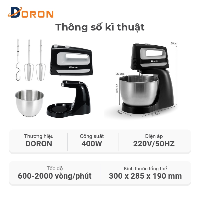 Máy đánh trứng để bàn, máy trộn bột DORON 400W công suất cao, 5 tốc độ, thố inox dung tích 3.5l