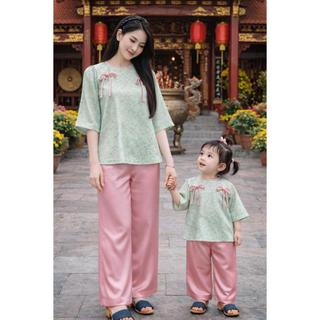 Bộ bà ba nữ chất gấm lụa mềm mại đi chơi Tết, lễ hội, Set đồ lam đi chùa cách tân phối nơ, pháp phục nữ lụa BB03- BIATON