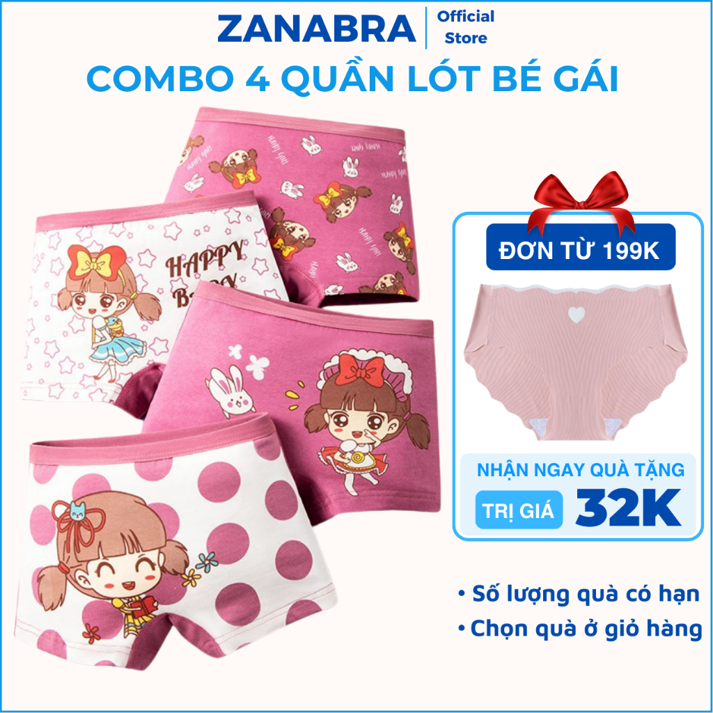 Combo 4 Quần Lót Bé Gái Chất Liệu Cotton Cao Cấp, Quần Chip Trẻ Em Dáng Đùi Êm Ái ZANABRA L8009