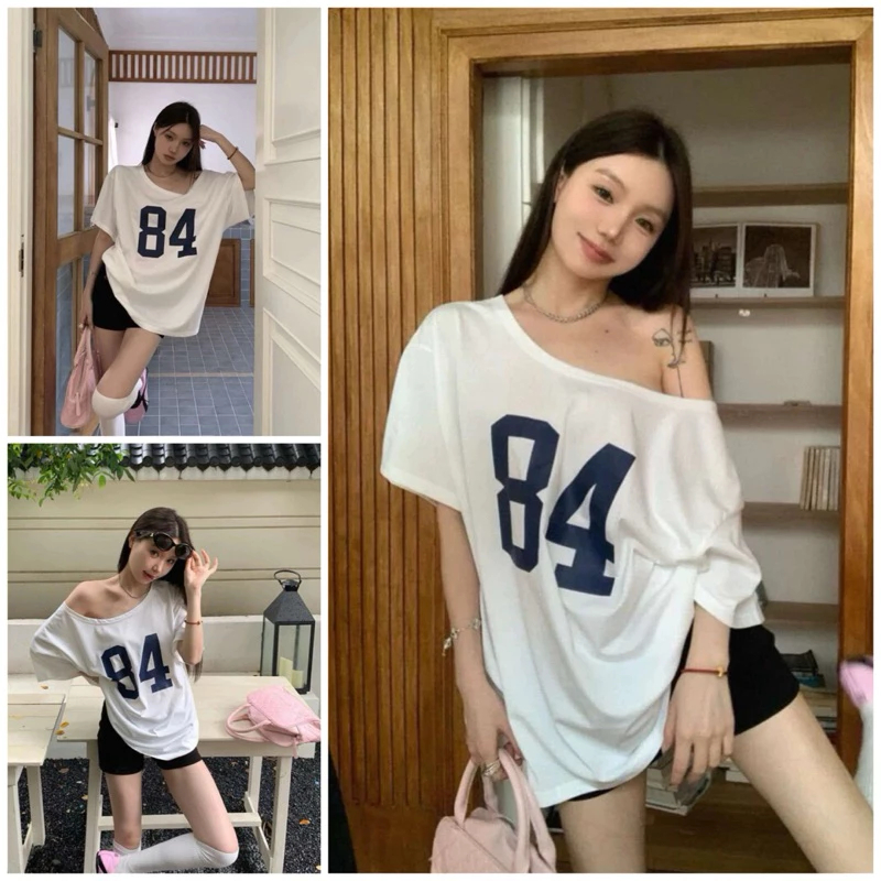 [Peinn] Áo thun lệch vai 84 nữ form rộng phong cách Hàn quốc