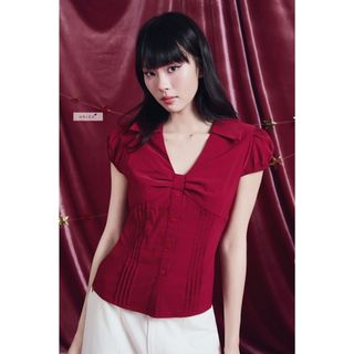 𝐂𝐡𝐞𝐫𝐫𝐲 𝐁𝐥𝐨𝐨𝐦 𝐓𝐨𝐩 - Áo kiêu nữ, áo sơ mi cổ V thiết kế xếp ly nơ xinh nhien.official NAS00011