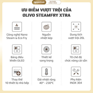 Nồi chiên hấp hơi nước đa năng OLIVO SteamFry Xtra 20L – Chiên không dầu, Inox304, OLED tiếng Việt
