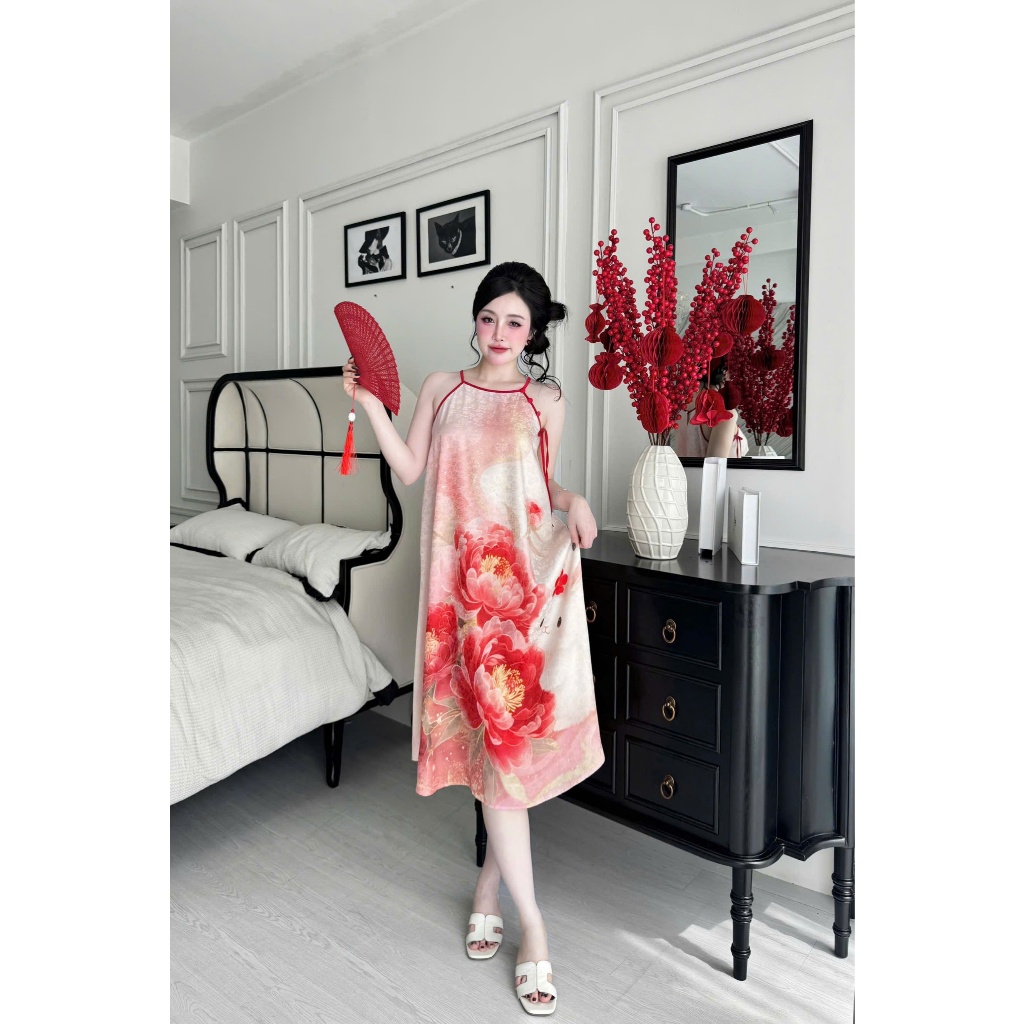 Đầm ngủ hai dây Vy Linh chất liệu gấm họa tiết in hình 3D xinh xắn thoáng mát, mềm mại S1324 3D