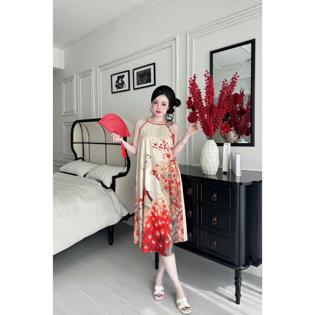 Đầm ngủ hai dây Vy Linh chất liệu gấm họa tiết in hình 3D xinh xắn thoáng mát, mềm mại S1324 3D