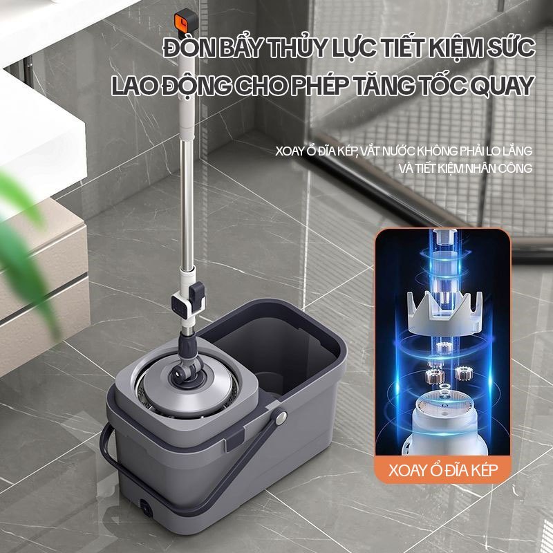 Cây Lau Nhà Xoay 360 Độ KITIMOP KS360, Thùng Lau Nhà Tự Vắt Thông Minh, Chổi Lau Nhà Xoay 360 Độ