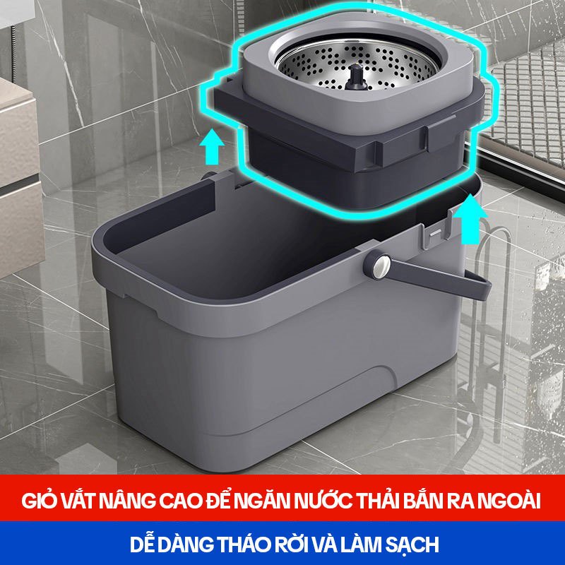 Cây Lau Nhà Xoay 360 Độ KITIMOP KS360, Thùng Lau Nhà Tự Vắt Thông Minh, Chổi Lau Nhà Xoay 360 Độ