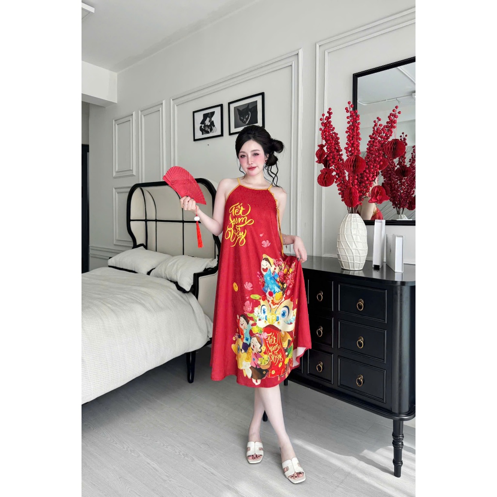 Đầm ngủ hai dây Vy Linh chất liệu gấm họa tiết in hình 3D xinh xắn thoáng mát, mềm mại S1324 3D