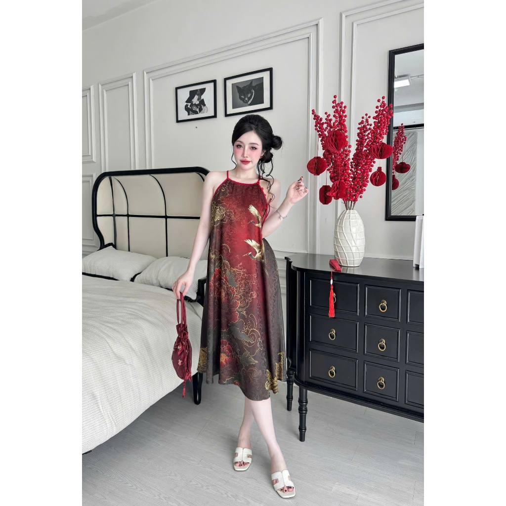 Đầm ngủ hai dây Vy Linh chất liệu gấm họa tiết in hình 3D xinh xắn thoáng mát, mềm mại S1324 3D