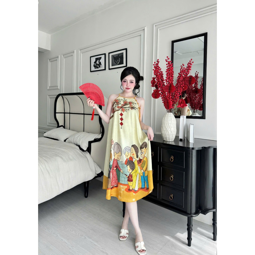 Đầm ngủ hai dây Vy Linh chất liệu gấm họa tiết in hình 3D xinh xắn thoáng mát, mềm mại S1324 3D