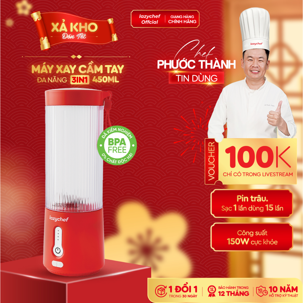 Máy Xay Sinh Tố Cầm Tay Đa Năng Không Dây Lazychef 3i﻿n1 450ml, Máy Xay Tích Điện, Xay Đá Bào